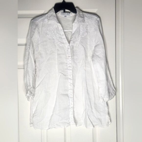 August Silk Options M White V-neck 100% LINEN 3/4Sleeve Embroidered Women Shirt - Picture 1 of 7